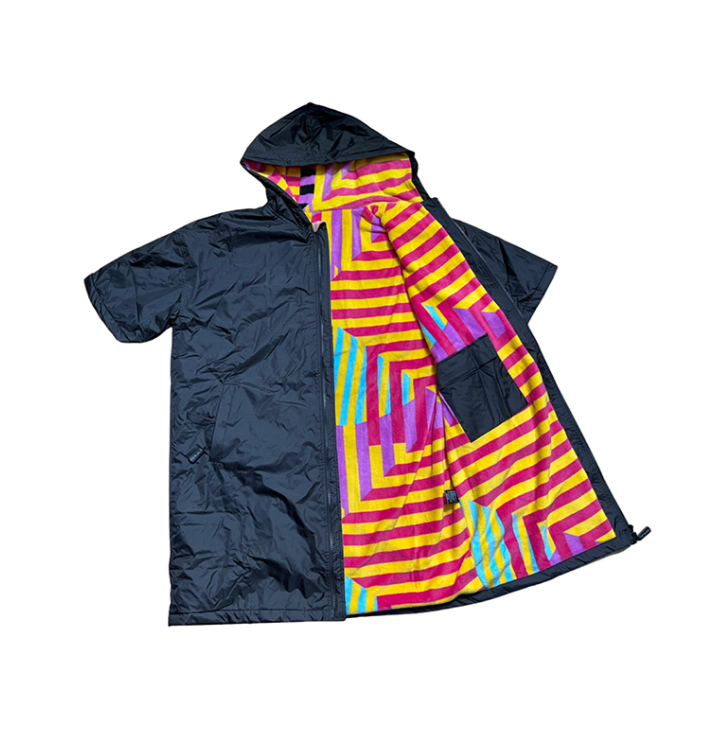 Dryrobe changing coat black outside pink and yellow geometric shapes inside adult